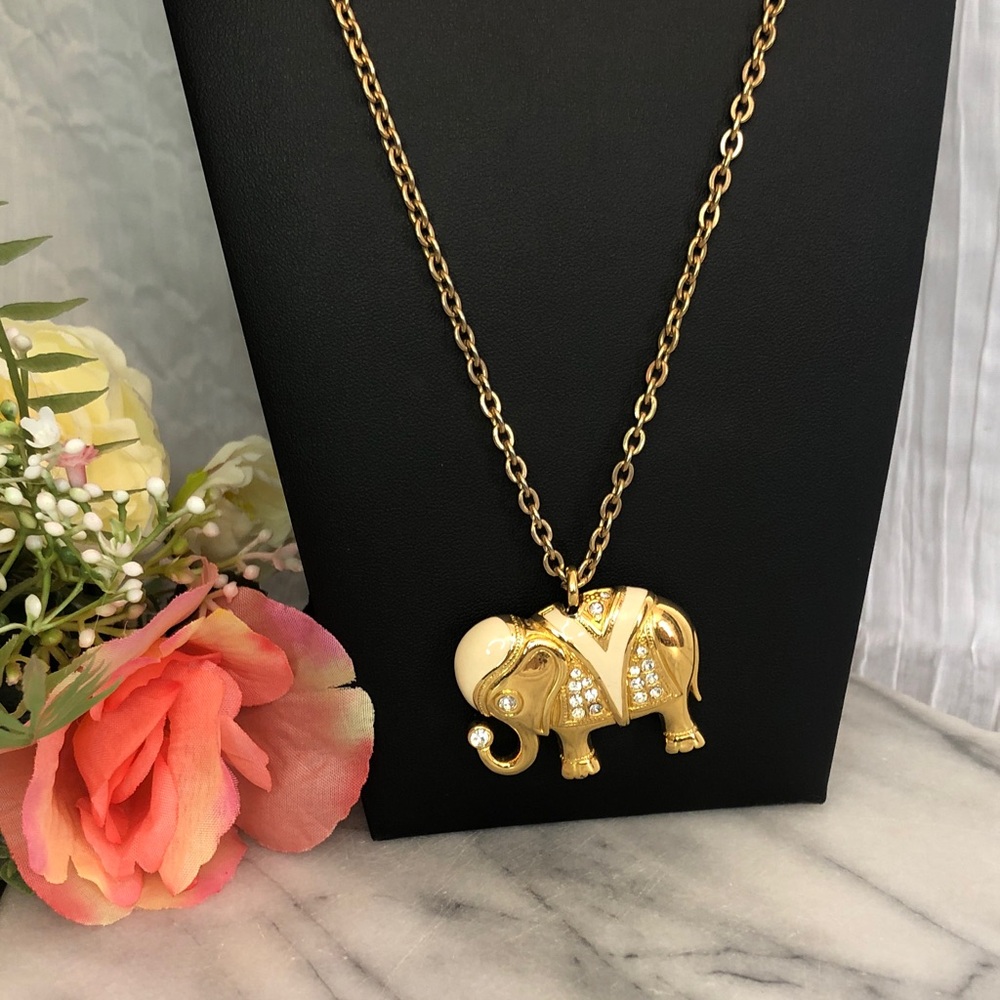 Vintage 90s KENNETH JAY LANE Avon Royal Elephant gold necklace with rhinestones